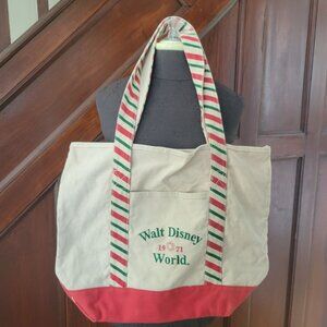 Walt Disney World Canvas Tote Bag 1971 Logo Red & Green Striped Handles Cream/Re